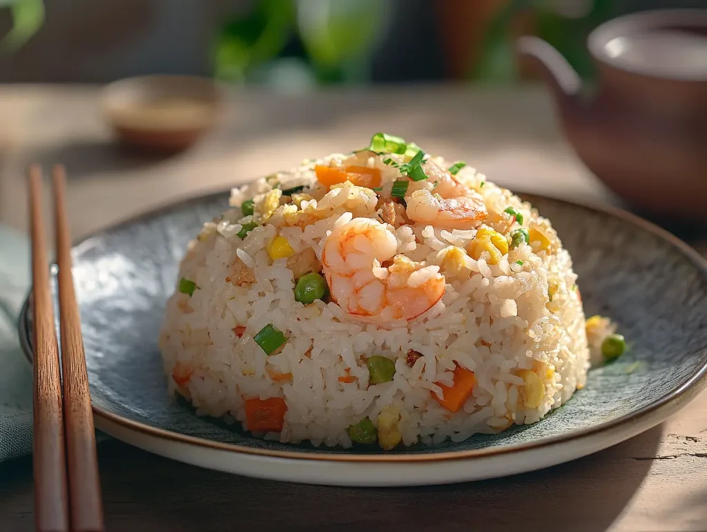 A plate of shrimp fried rice served with chopsticks and a cup of tea.