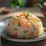A plate of shrimp fried rice served with chopsticks and a cup of tea.