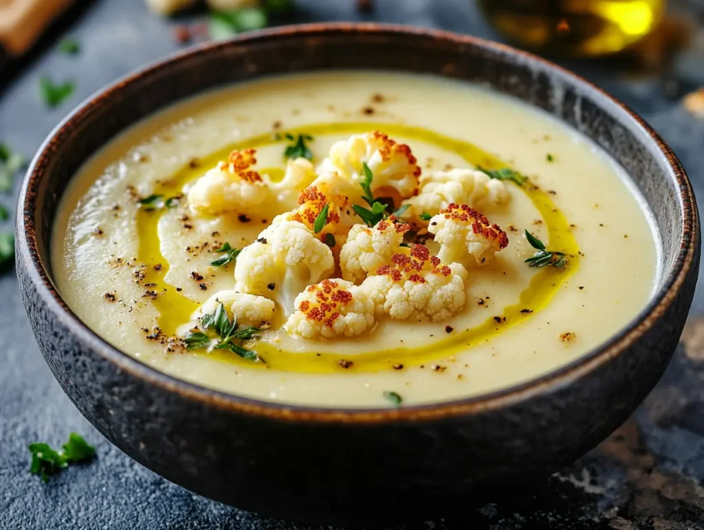 A bowl of creamy roasted cauliflower soup with crispy toppings