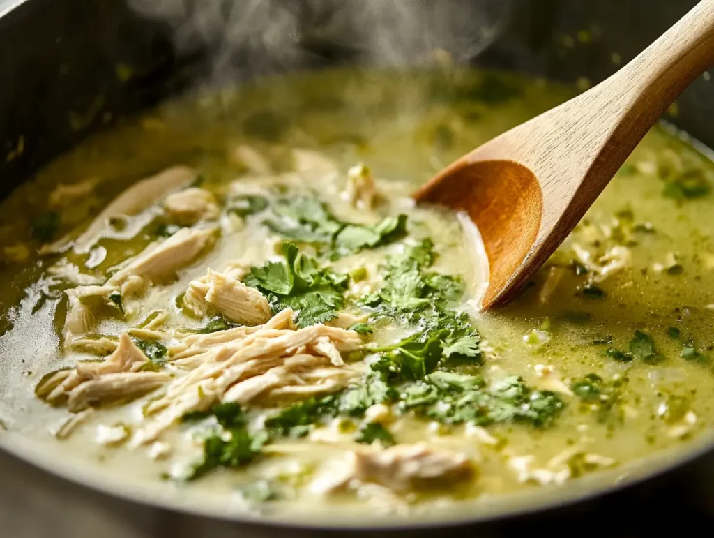 A pot of Green Chicken Enchilada Soup simmering on the stove.