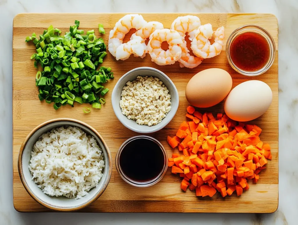 Ingredients for shrimp fried rice, including shrimp, rice, soy sauce, eggs, and vegetables.