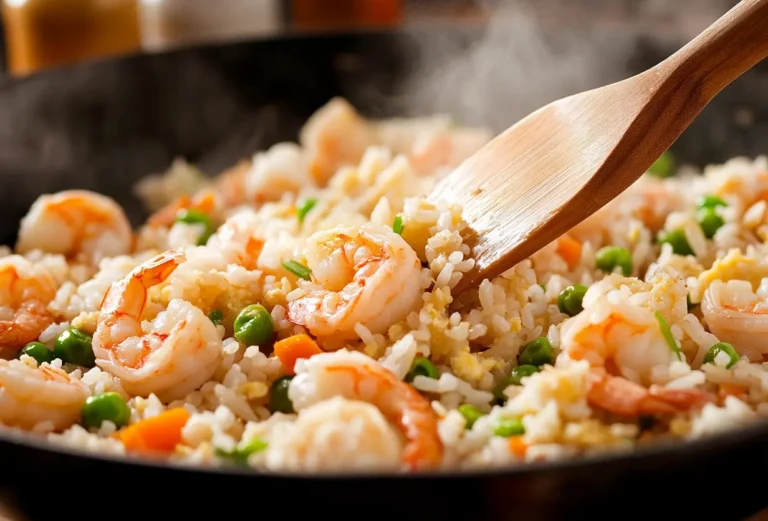 A delicious homemade shrimp fried rice in a wok with fresh ingredients.