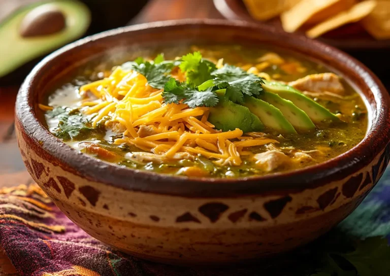 A bowl of creamy Green Chicken Enchilada Soup topped with cheese and avocado.