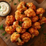 Crispy roasted cauliflower served on a wooden platter.