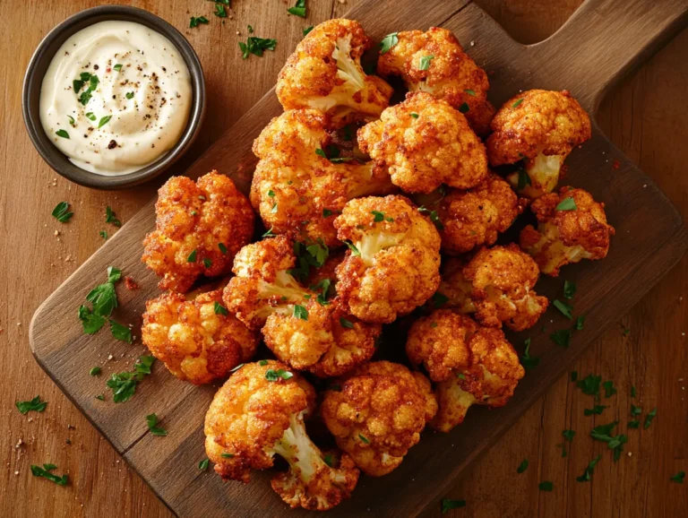 Crispy roasted cauliflower served on a wooden platter.