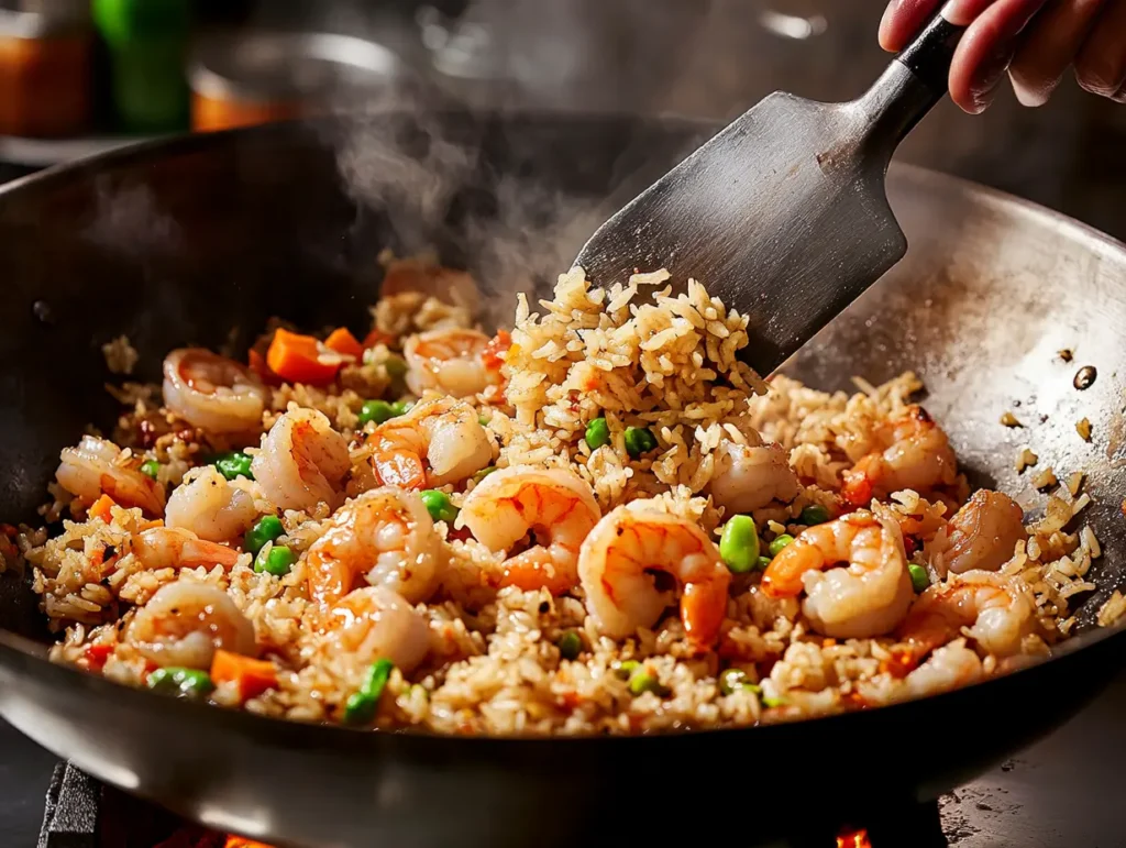 Chef stir-frying shrimp fried rice in a hot wok for maximum flavor.