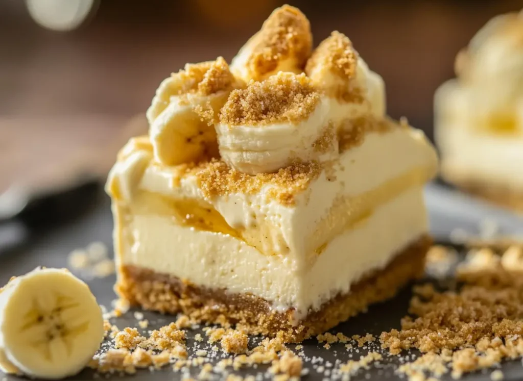  Hands assembling banana pudding crunch cheesecake layers