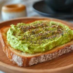 Dunkin Donuts Avocado Toast with coffee on a wooden plate.