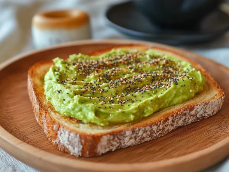 Dunkin Donuts Avocado Toast with coffee on a wooden plate.