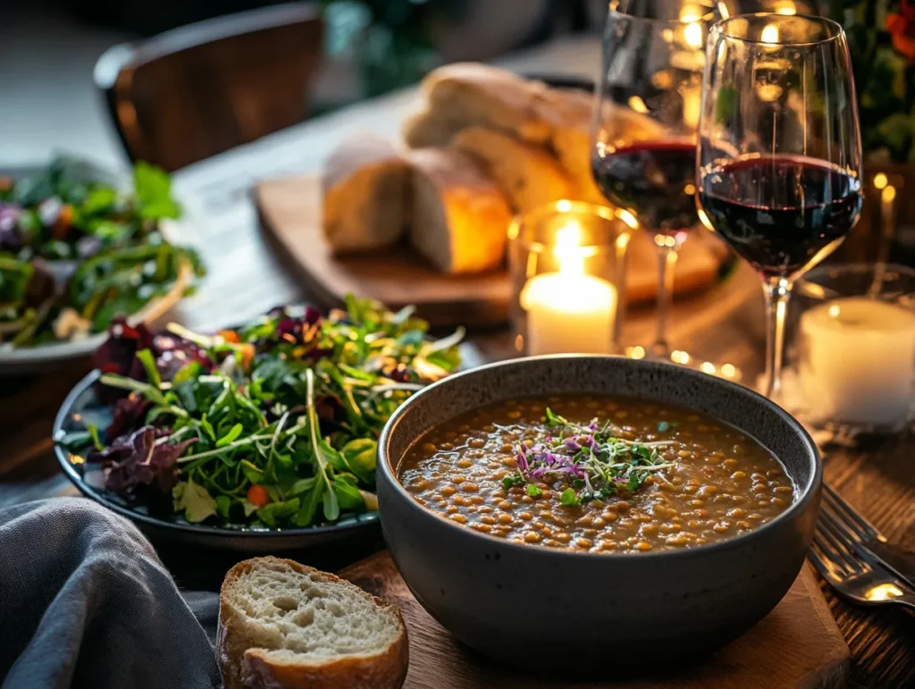 Lentil soup served with bread and salad