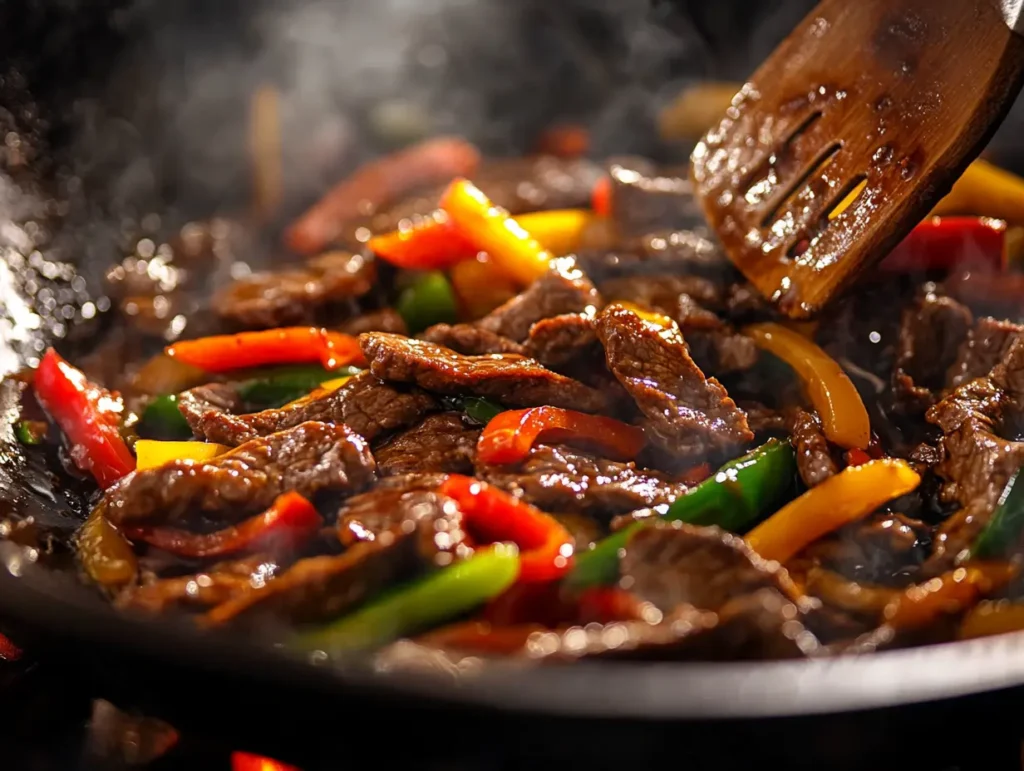 Beef and Bell Pepper stir-fry being cooked in a wok
