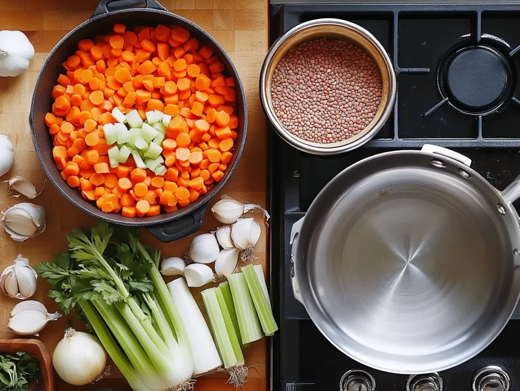 Lentil soup ingredients arranged in a kitchen
