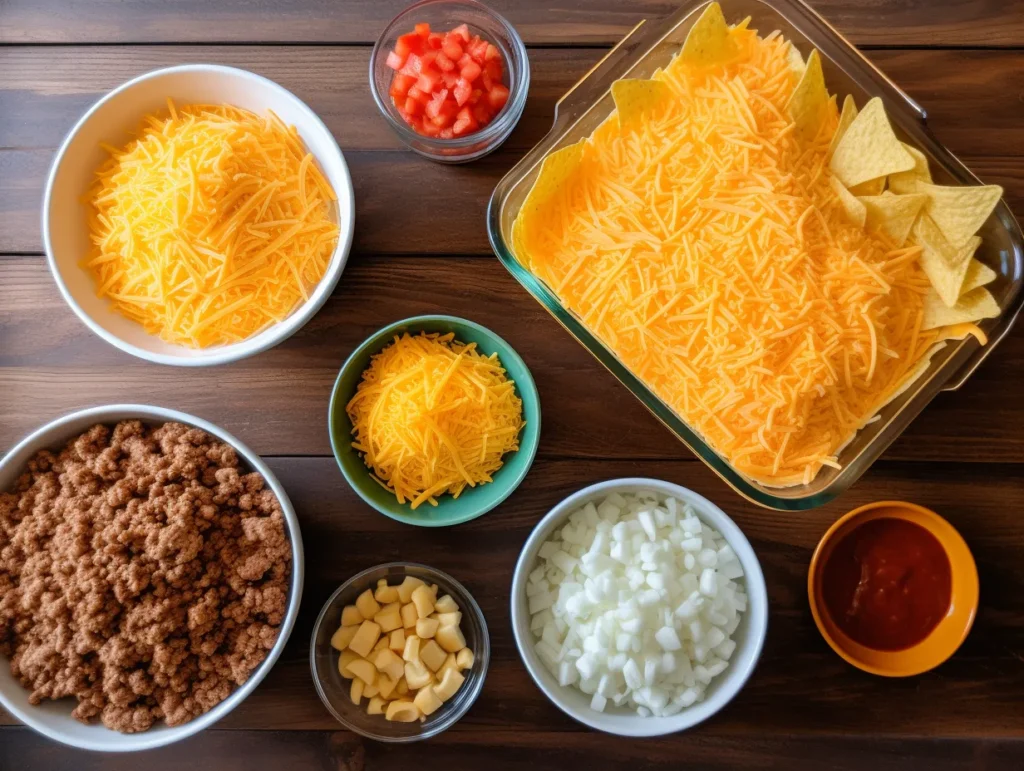 Walking Taco Casserole ingredients laid out on a counter
