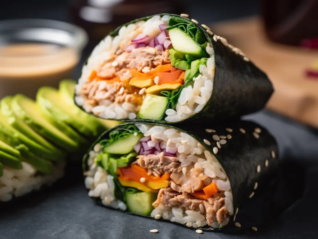 Inside of a colorful sushi burrito