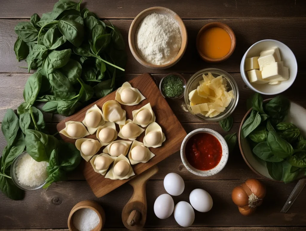 Flat lay of spinach and ricotta stuffed shells ingredients