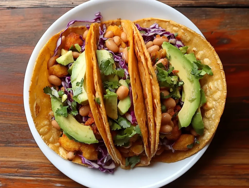 Vegetarian fried tacos with avocado and beans