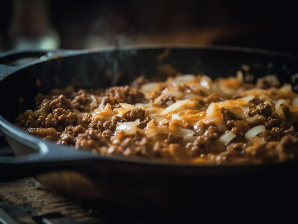 Beef and onion cooking for walking taco casserole