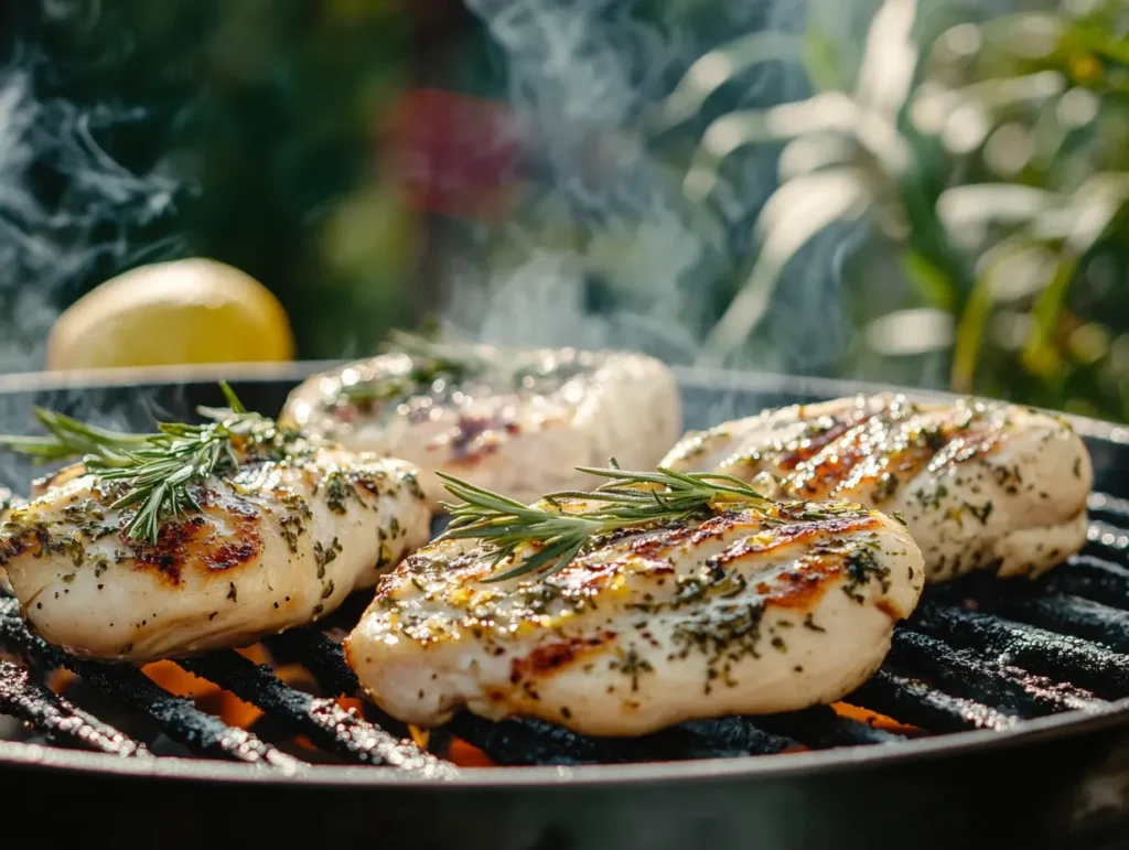 Grilled chicken breasts on BBQ grill