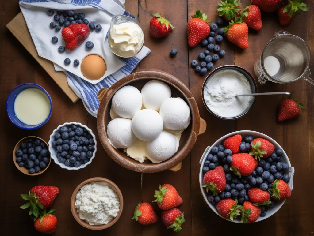 Blueberry muffin strawberry shortcake ingredients flat lay