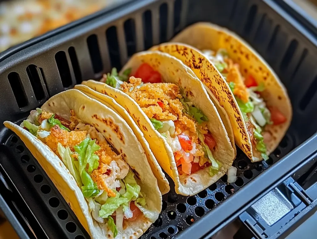 Air fried tacos in a basket fresh out of the fryer