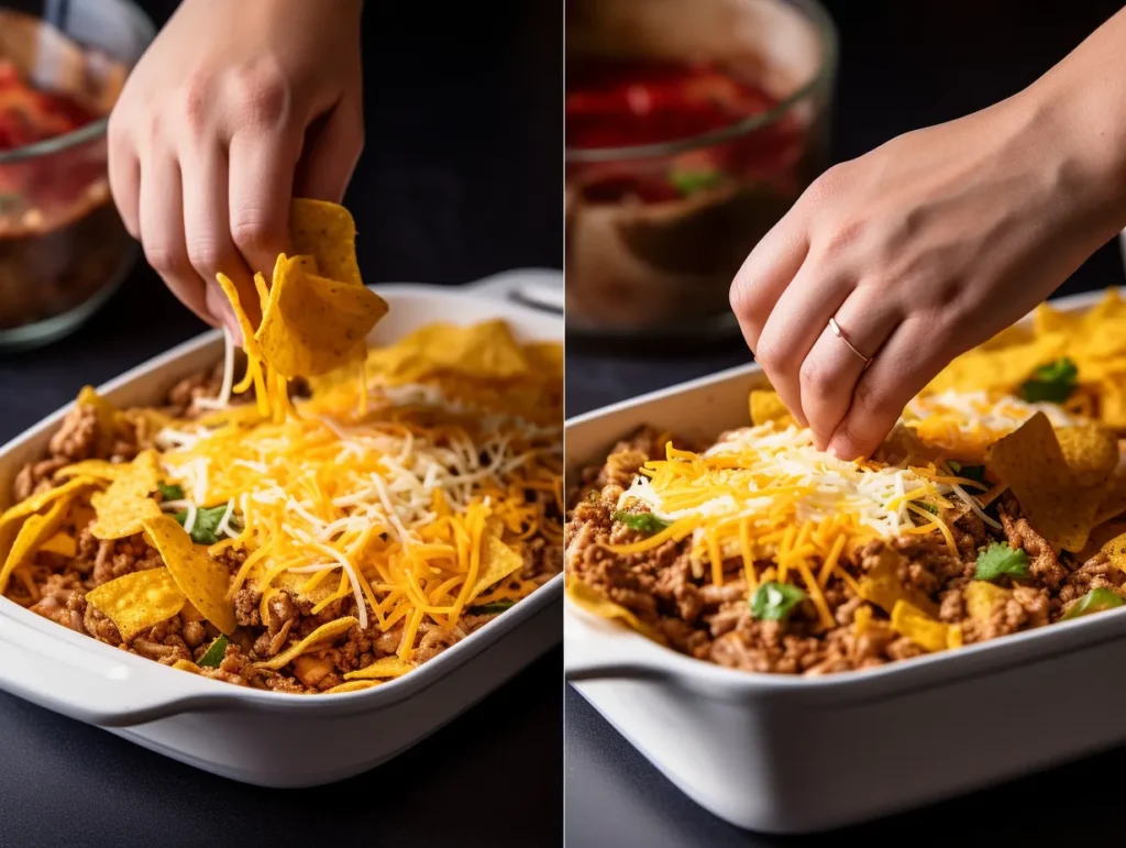 Layering Fritos and meat into baking dish