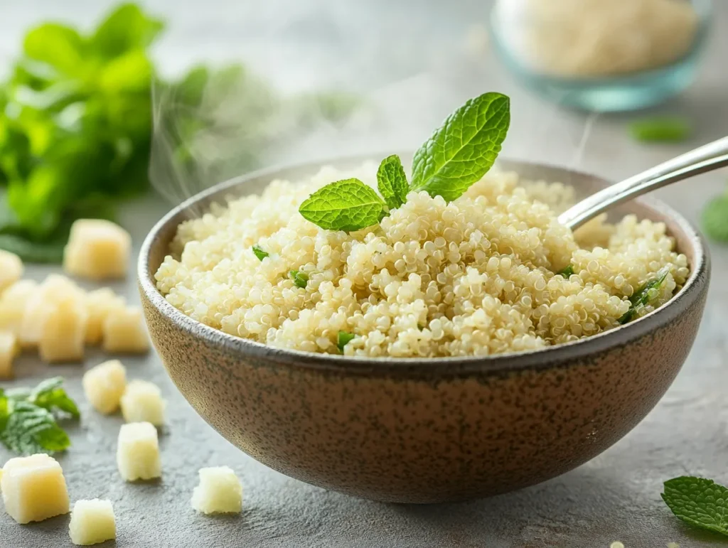 Cooked quinoa in a bowl with herbs