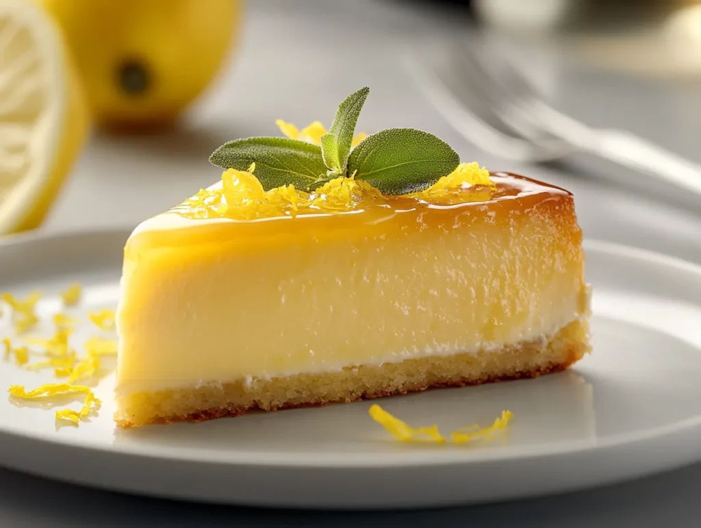 Slice of lemon ricotta cake with lemon glaze