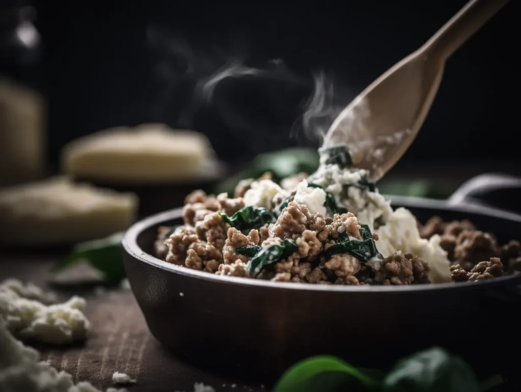 Adding meat to spinach and ricotta filling