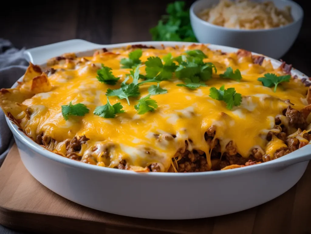 Baked Walking Taco Casserole fresh from oven