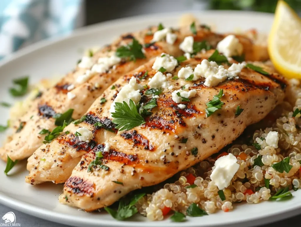 Full plate of lemon chicken and quinoa