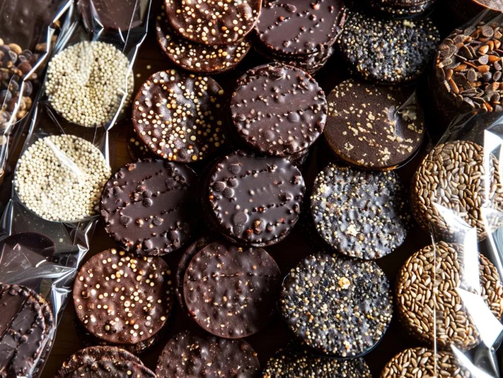 Store-bought chocolate quinoa crisps display