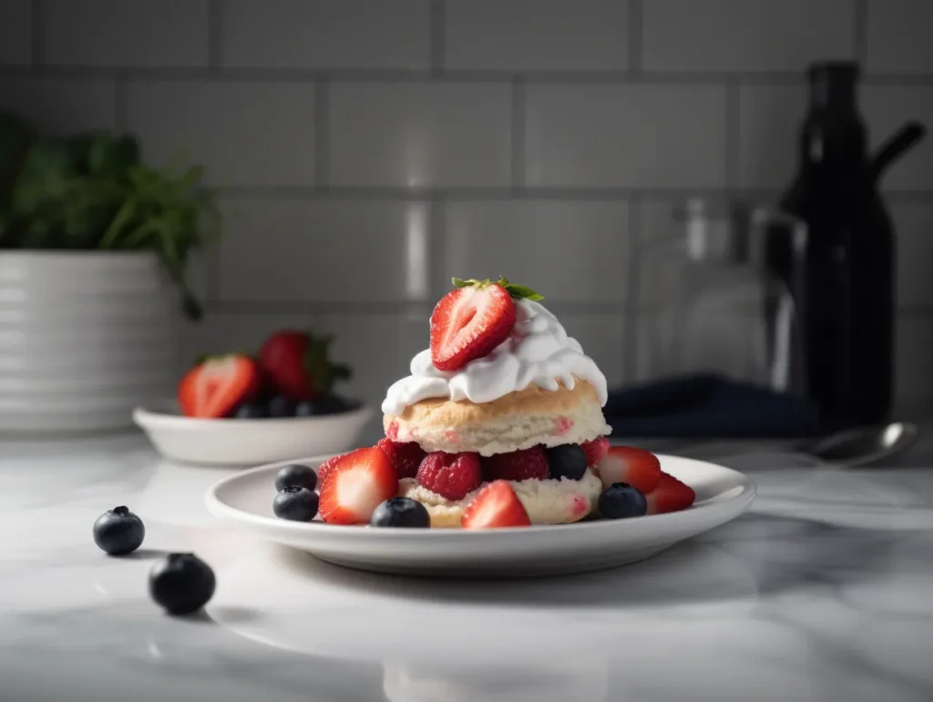 Healthy blueberry muffin strawberry shortcake on white plate