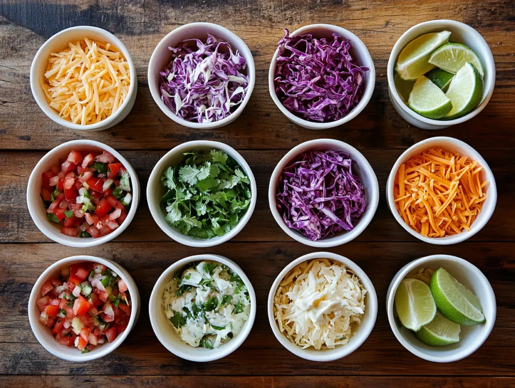 Fried taco toppings and sauces in bowls
