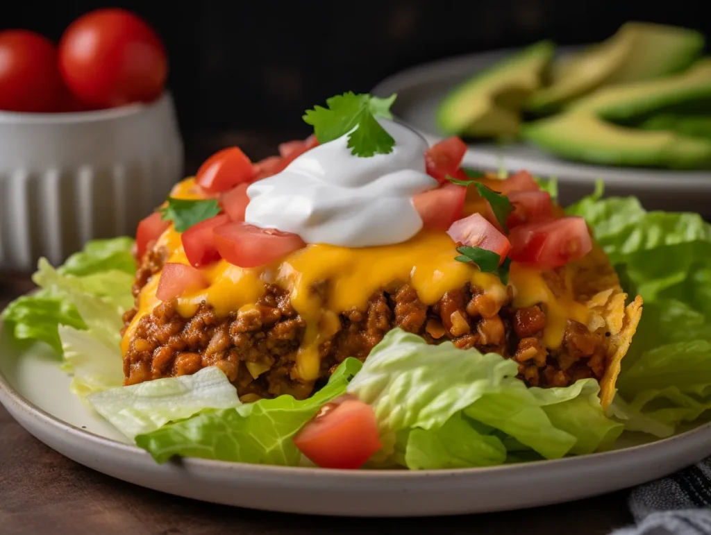Walking taco casserole served on a plate with toppings

