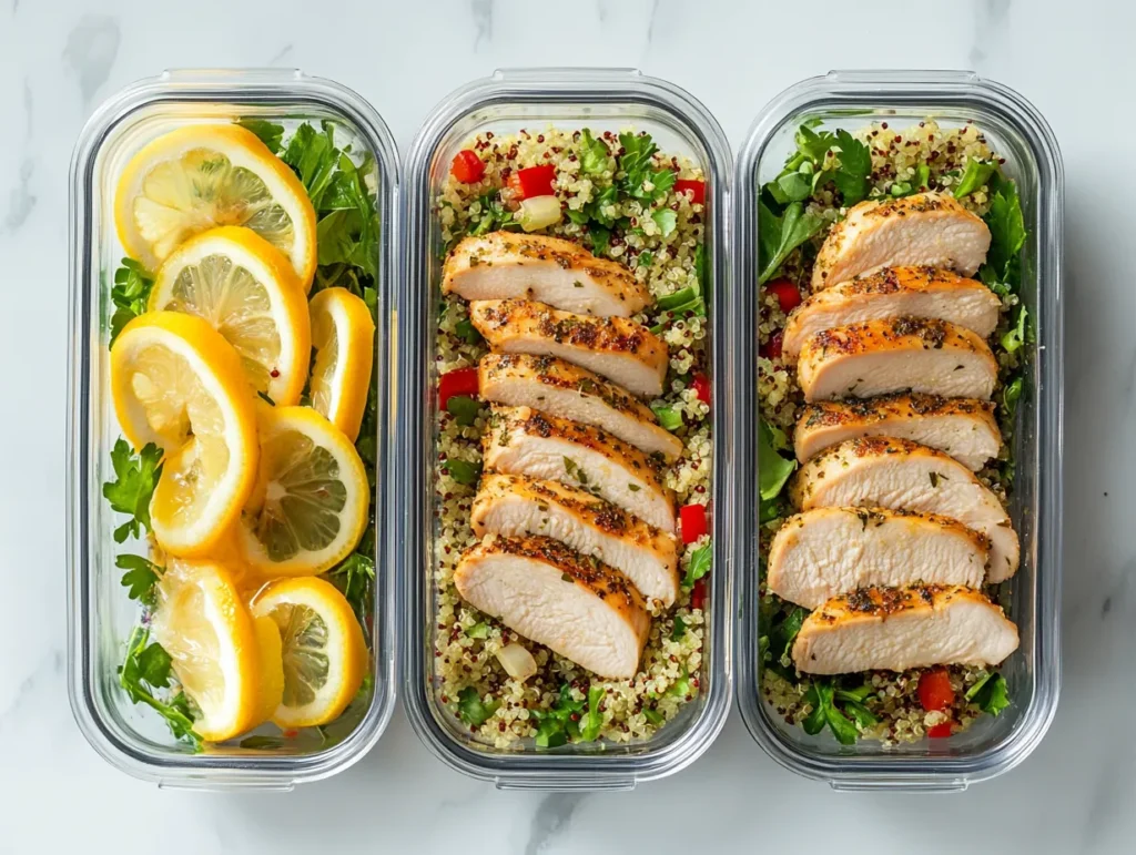 Meal prep containers with chicken and quinoa