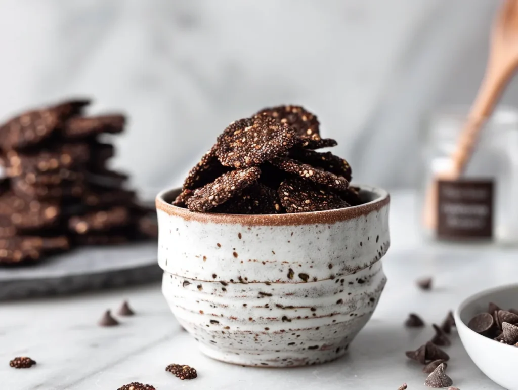 Vegan chocolate quinoa crisps in container