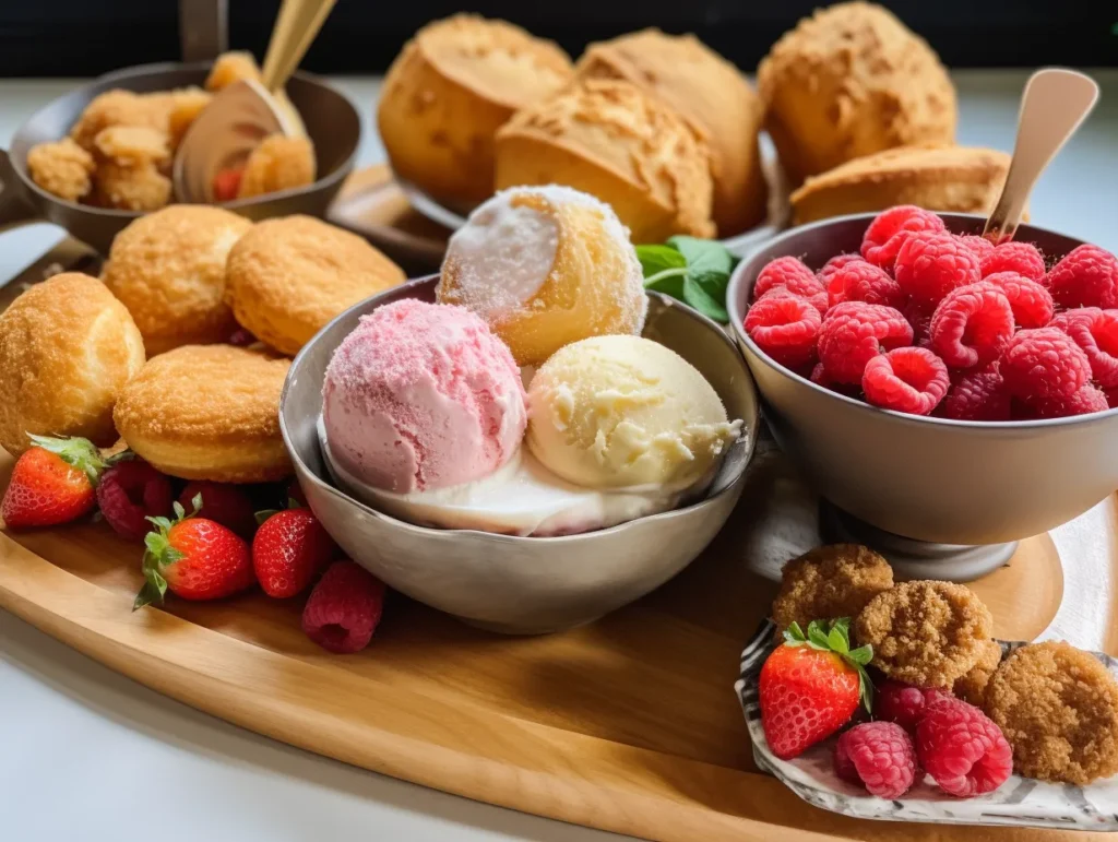 Strawberry ice cream served with biscuits and donuts