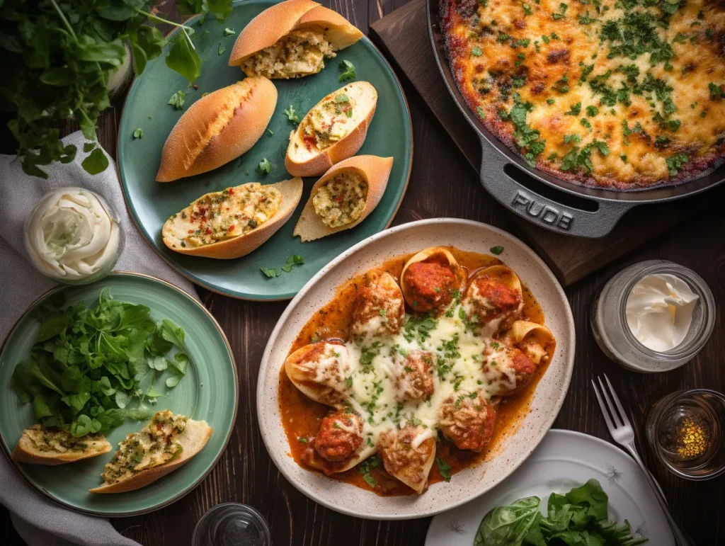 Plated spinach and ricotta stuffed shells with sides
