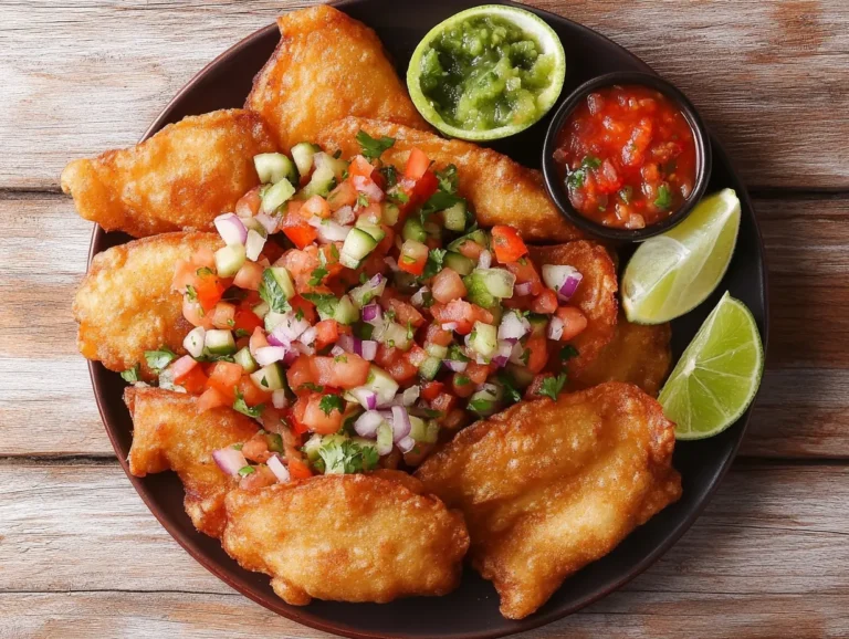 Fried tacos with toppings on a rustic plate