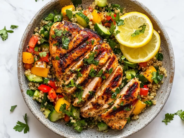 Grilled lemon herb chicken over quinoa salad