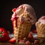 Strawberry shortcake ice cream scoop in a cone