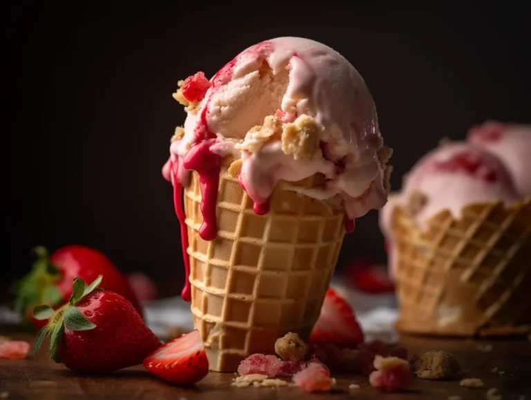 Strawberry shortcake ice cream scoop in a cone