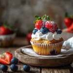 Blueberry muffin strawberry shortcake dessert styled on rustic table