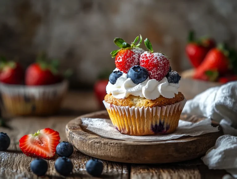 Blueberry muffin strawberry shortcake dessert styled on rustic table