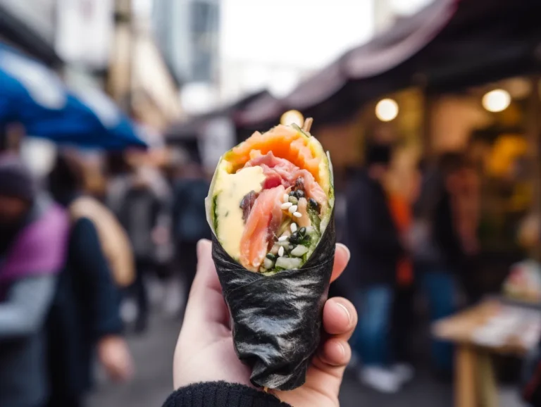 Hand holding a sushi burrito street food