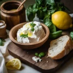 Fresh ricotta cheese with herbs and bread