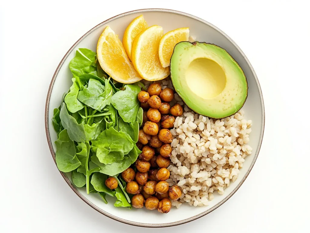 Balanced vegetarian lunch plate with rice and veggies