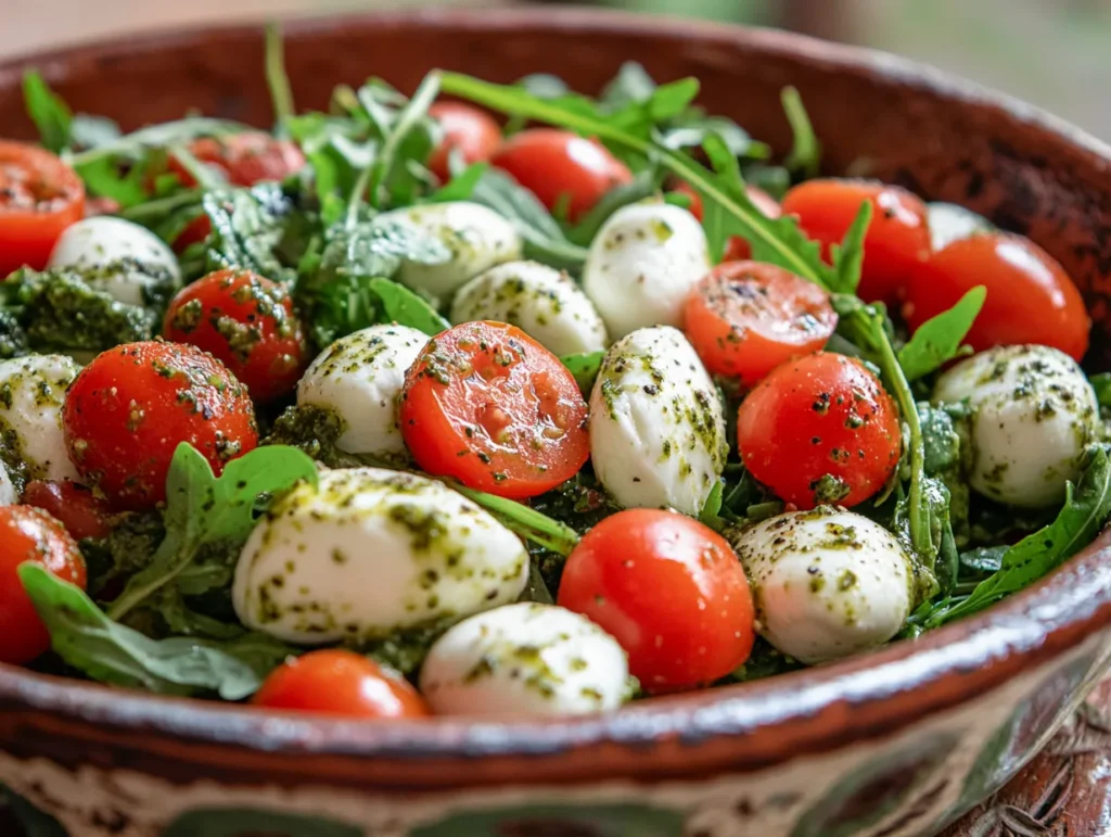 Pesto pasta salad with fresh toppings