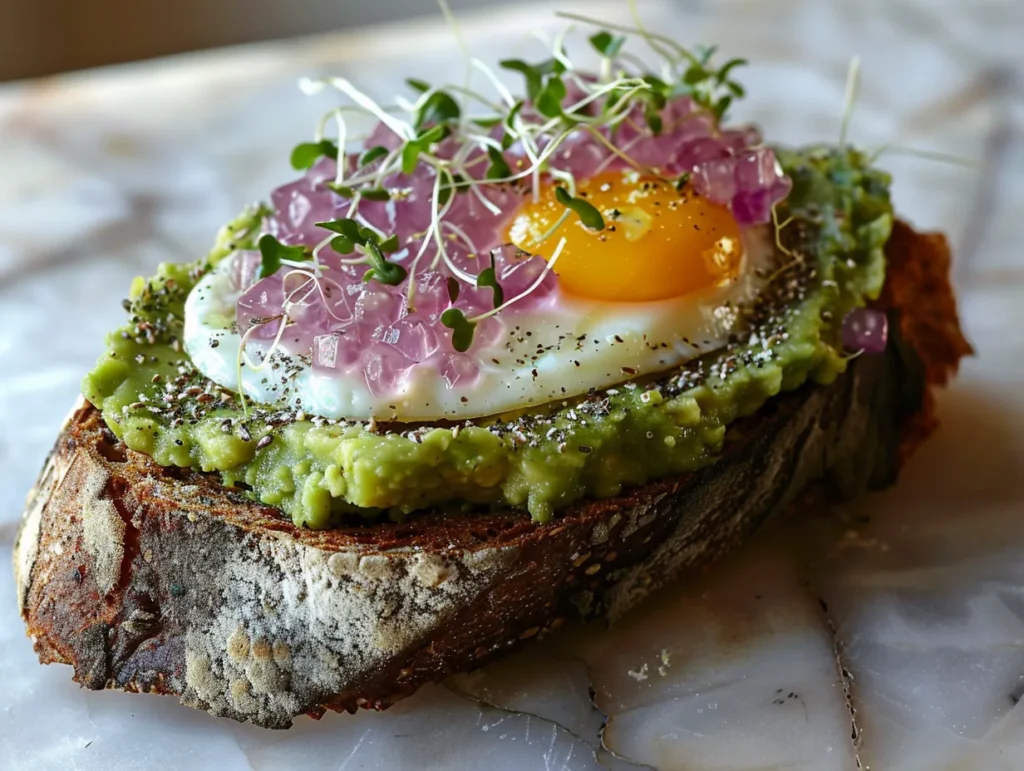 Avocado toast on whole grain bread with eggs