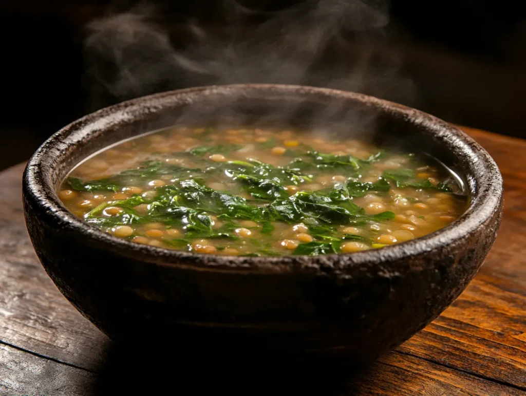 Lentil and spinach soup in a bowl